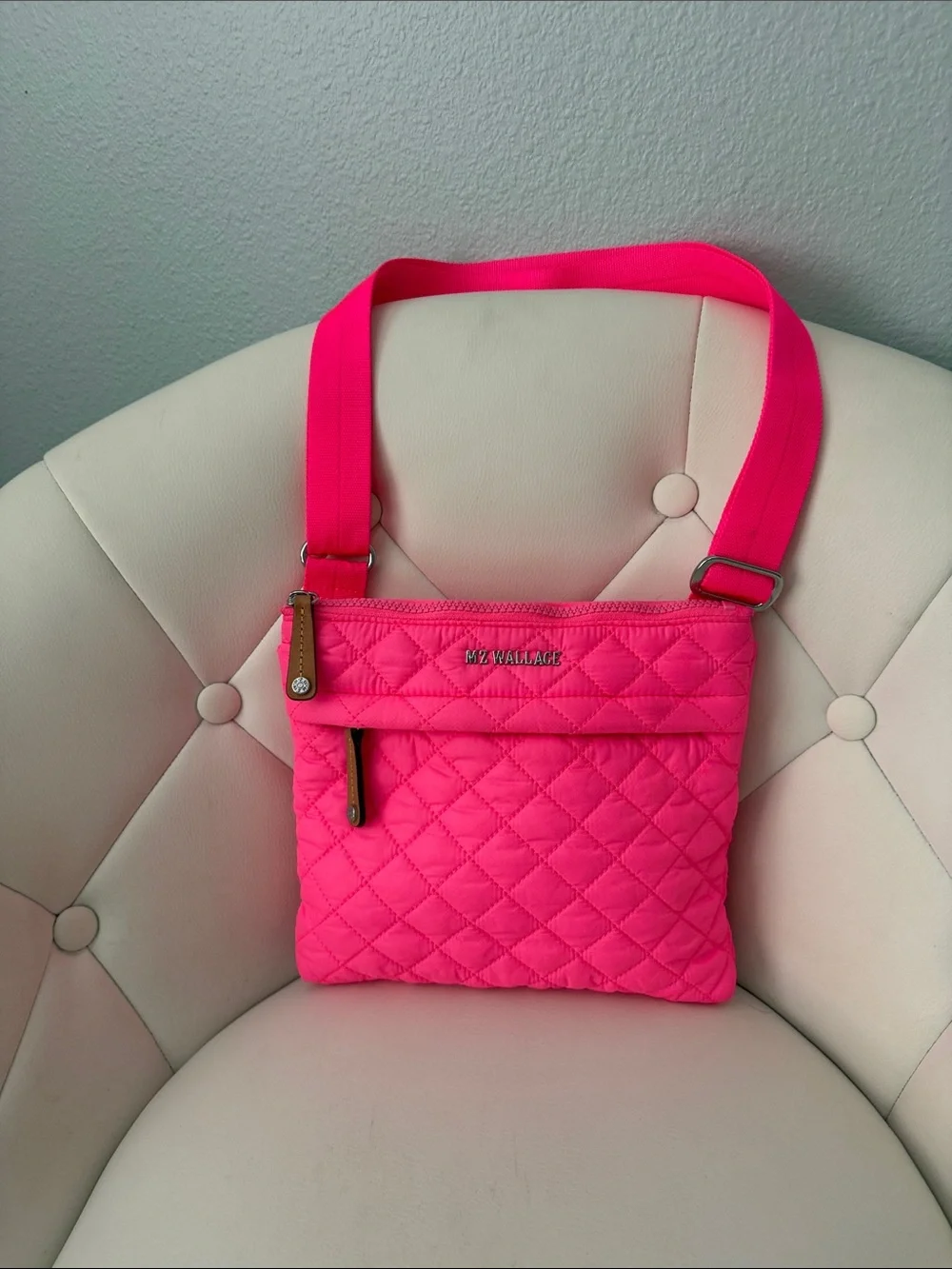 MZ Wallace Flat Metro Quilted Crossbody Bag Neon Hot Pink Italian Leather Accent